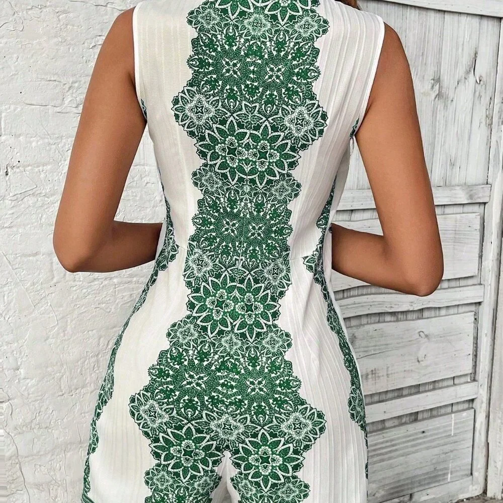 Green Boho Women's Floral Print Casual Stand Collar Jumpsuit